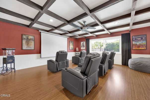 Home Theatre Room, Interior, Recessed Lighting, Theatre Room, Wooden Beams, Wood Texture Flooring