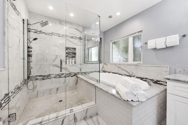 Bathroom, Glass Shower, Interior, Marble, Marble Walls, Recessed Lighting