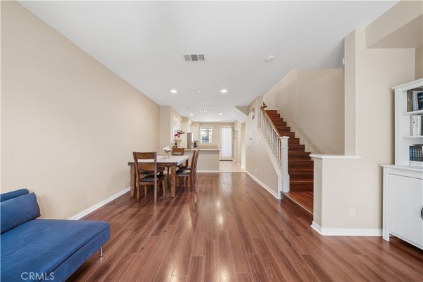Dining room, Interior, Recessed Lighting, Wood Texture Flooring