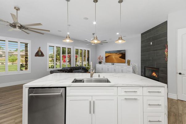 Fireplace, Interior, Kitchen, Pendant Lights, Recessed Lighting, Wood Texture Flooring