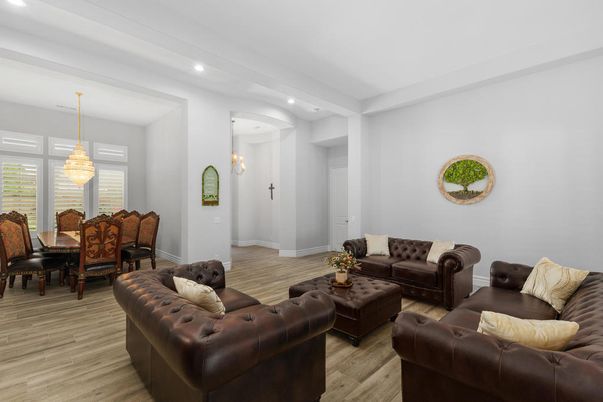 Dining room, Interior, Living room, Pendant Lights, Recessed Lighting, Wood Texture Flooring