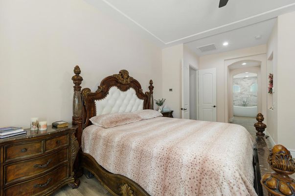 Bedroom, Interior, Recessed Lighting, Wood Texture Flooring