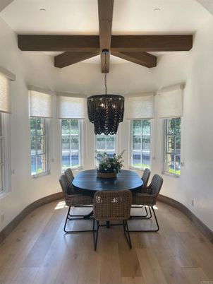 Chandelier, Dining room, Interior, Wooden Beams, Wood Texture Flooring