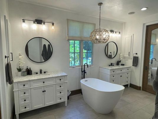 Bathroom, Dual Sink Vanities, Free Standing Baths, Interior, Pendant Lights, Recessed Lighting