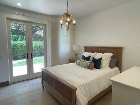 Bedroom, Chandelier, Interior, Pendant Lights, Recessed Lighting, Wood Texture Flooring