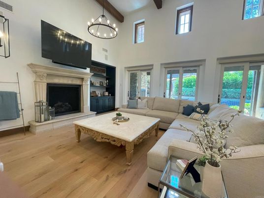 Fireplace, Interior, Living room, Pendant Lights, Wooden Beams, Wood Texture Flooring