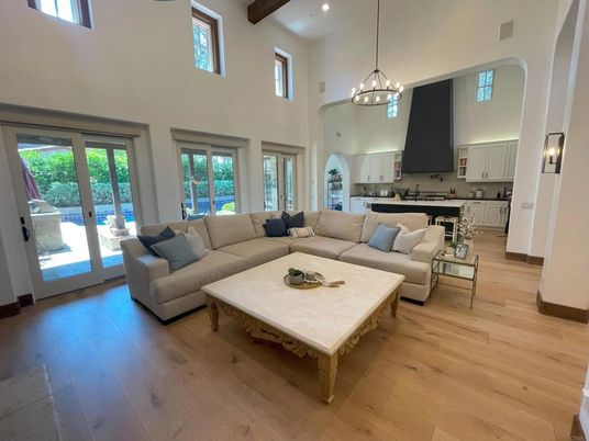 Interior, Kitchen, Living room, Pendant Lights, Recessed Lighting, Wooden Beams, Wood Texture Flooring