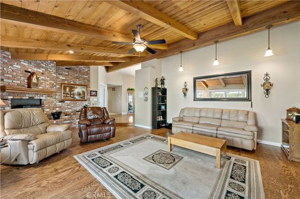 Fireplace, Interior, Living room, Pendant Lights, Stone Walls, Wooden Beams, Wooden Ceilings, Wood Texture Flooring