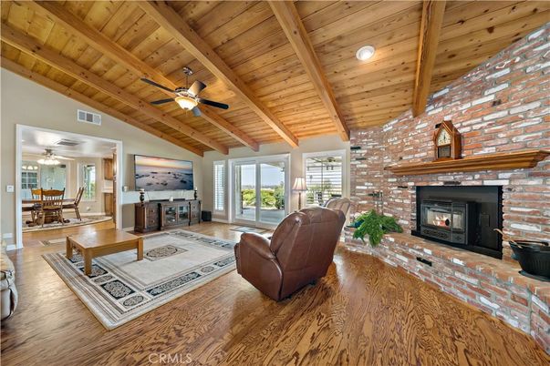 Dining room, Fireplace, Interior, Living room, Stone Walls, Wooden Beams, Wooden Ceilings, Wood Texture Flooring