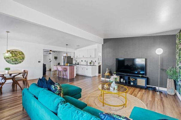 Dining room, Interior, Kitchen, Living room, Pendant Lights, Stainless Steel Appliances, Wood Texture Flooring