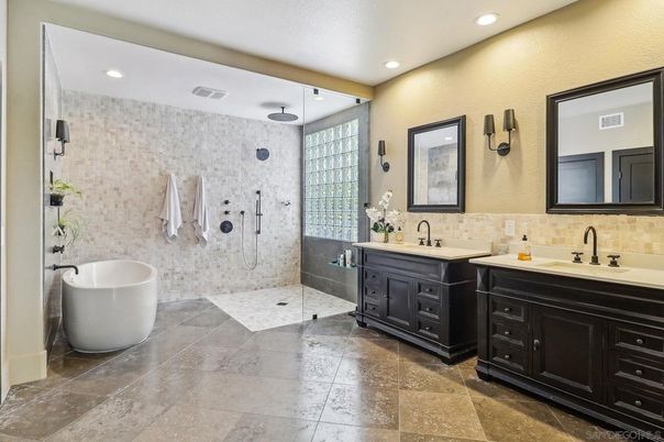 Bathroom, Dual Sink Vanities, Free Standing Baths, Glass Shower, Interior, Recessed Lighting