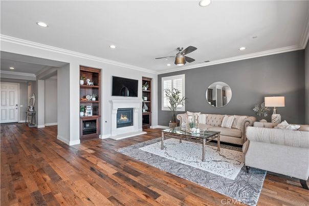 Fireplace, Interior, Living room, Recessed Lighting, Wood Texture Flooring