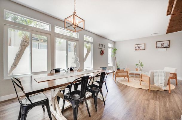 Dining room, Interior, Pendant Lights, Wood Texture Flooring