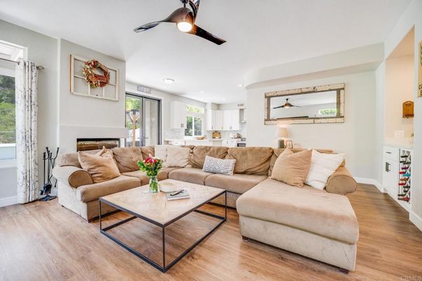 Fireplace, Interior, Kitchen, Living room, Recessed Lighting, Wood Texture Flooring