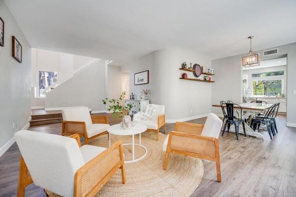 Dining room, Interior, Living room, Pendant Lights, Wood Texture Flooring