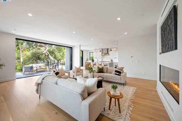 Dining room, Fireplace, Interior, Kitchen, Living room, Pendant Lights, Recessed Lighting, Wood Texture Flooring