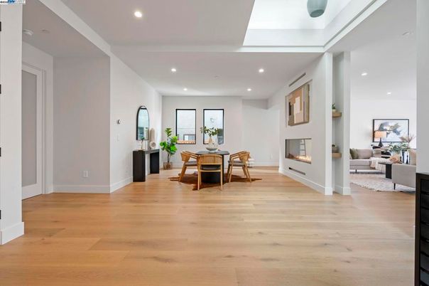 Dining room, Fireplace, Interior, Living room, Recessed Lighting, Wood Texture Flooring