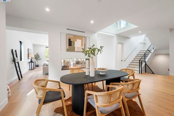 Dining room, Fireplace, Interior, Recessed Lighting, Wood Texture Flooring