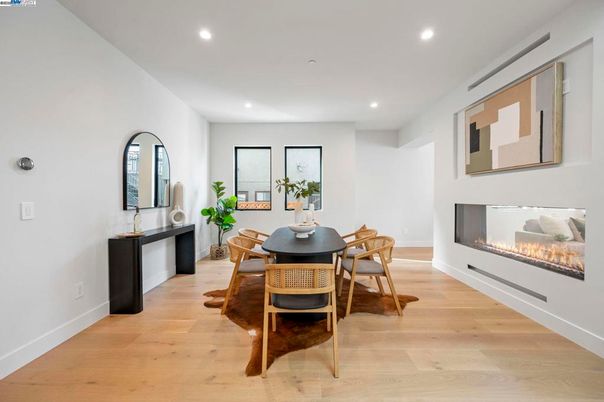 Dining room, Fireplace, Interior, Recessed Lighting, Wood Texture Flooring