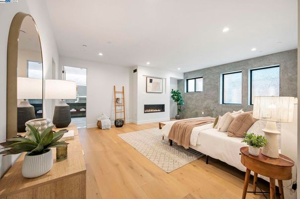 Bedroom, Fireplace, Interior, Living room, Recessed Lighting, Wood Texture Flooring