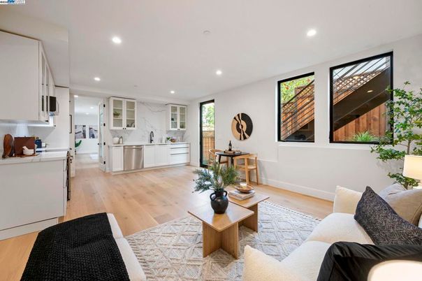 Interior, Kitchen, Living room, Marble Walls, Recessed Lighting, Wood Texture Flooring