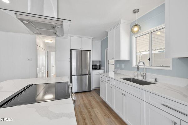 Interior, Kitchen, Pendant Lights, Stainless Steel Appliances, Wood Texture Flooring