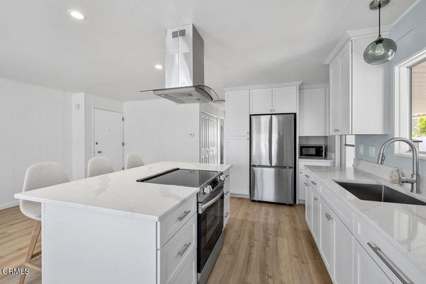 Interior, Kitchen, Pendant Lights, Recessed Lighting, Stainless Steel Appliances, Wood Texture Flooring