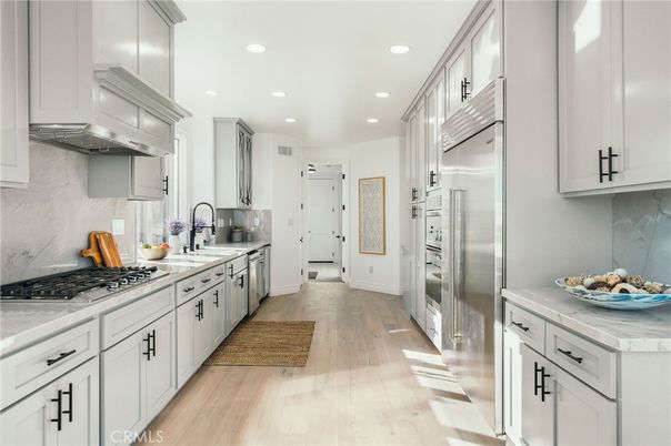 Interior, Kitchen, Recessed Lighting, Stainless Steel Appliances, Wood Texture Flooring