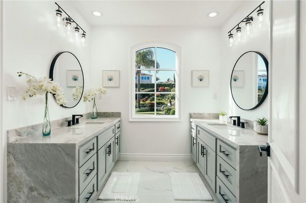 Bathroom, Dual Sink Vanities, Interior, Marble, Recessed Lighting