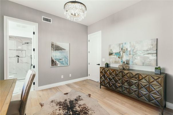 Bathroom, Chandelier, Interior, Marble Walls, Wood Texture Flooring