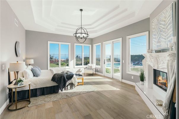 Fireplace, Interior, Living room, Pendant Lights, Water, Wood Texture Flooring