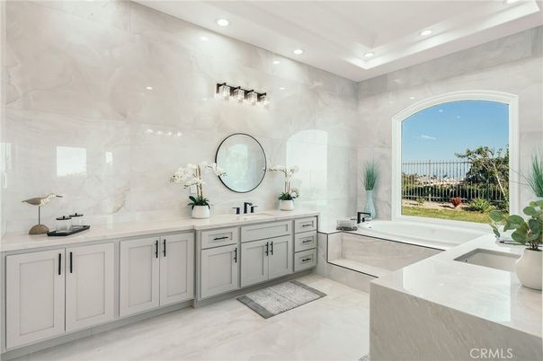 Bathroom, Dual Sink Vanities, Interior, Marble Walls, Recessed Lighting