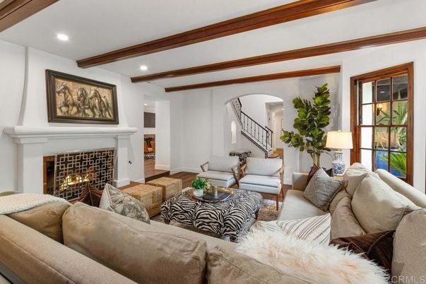 Fireplace, Interior, Living room, Recessed Lighting, Wooden Beams, Wood Texture Flooring