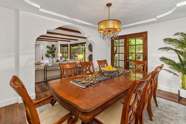 Chandelier, Dining room, Interior, Wood Texture Flooring