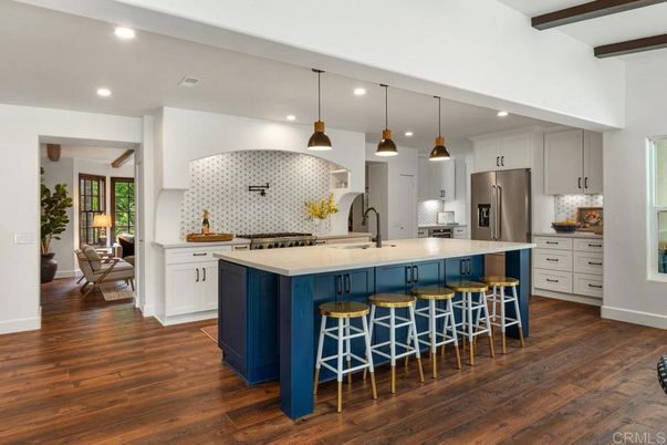 Interior, Kitchen, Pendant Lights, Recessed Lighting, Stainless Steel Appliances, Wooden Beams, Wood Texture Flooring