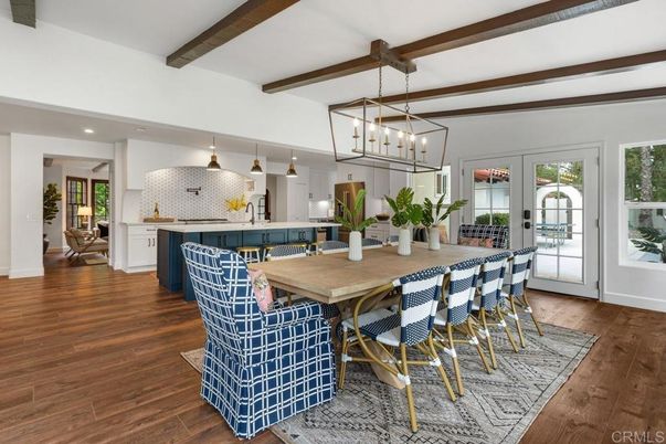 Dining room, Interior, Kitchen, Pendant Lights, Recessed Lighting, Stainless Steel Appliances, Wooden Beams, Wood Texture Flooring