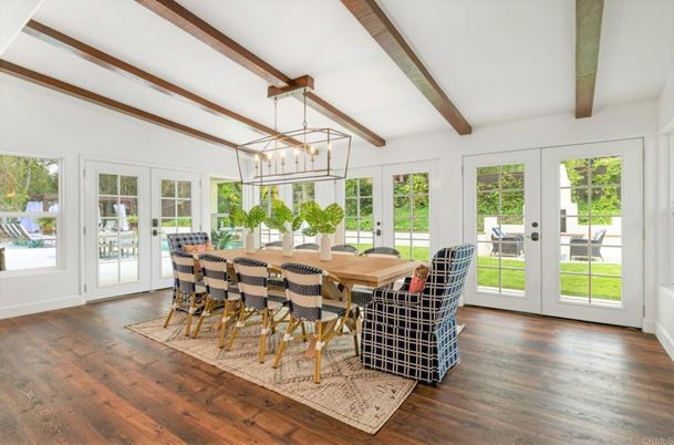 Dining room, Interior, Pendant Lights, Wooden Beams, Wood Texture Flooring