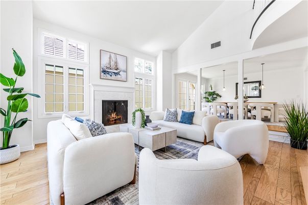 Dining room, Fireplace, Interior, Living room, Pendant Lights, Wood Texture Flooring
