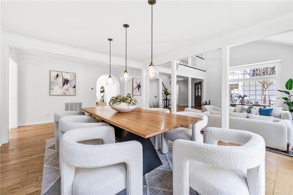 Dining room, Interior, Living room, Pendant Lights, Wood Texture Flooring
