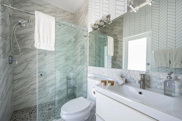 Bathroom, Glass Shower, Interior, Marble Walls