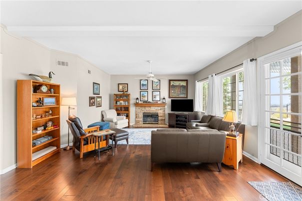 Fireplace, Interior, Living room, Pendant Lights, Wood Texture Flooring