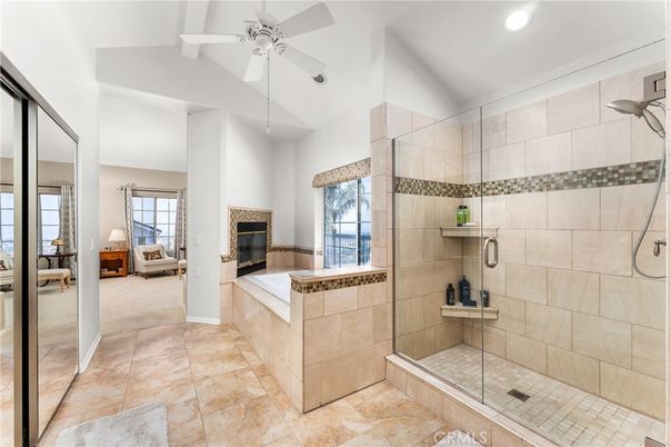Bathroom, Fireplace, Glass Shower, Interior, Recessed Lighting
