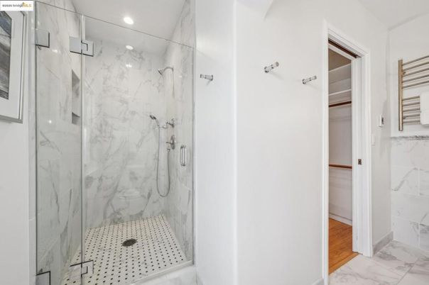 Bathroom, Glass Shower, Interior, Marble, Marble Walls, Recessed Lighting, Wood Texture Flooring