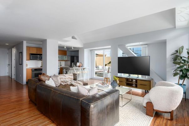 Interior, Kitchen, Living room, Recessed Lighting, Stainless Steel Appliances, Wood Texture Flooring