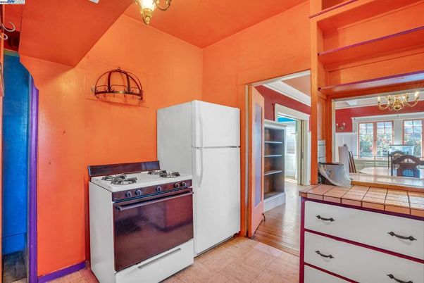 Interior, Kitchen, Tile Countertops, Wood Texture Flooring