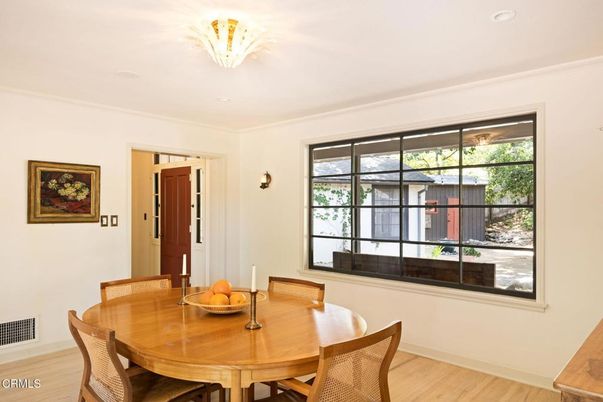 Dining room, Interior, Recessed Lighting, Wood Texture Flooring