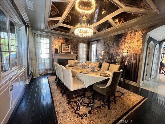 Chandelier, Dining room, Fireplace, Interior, Wood Texture Flooring