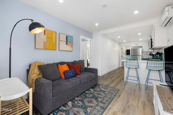 Interior, Kitchen, Living room, Recessed Lighting, Stainless Steel Appliances, Wood Texture Flooring