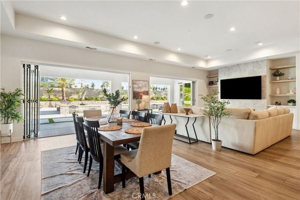 Dining room, Interior, Living room, Recessed Lighting, Wood Texture Flooring