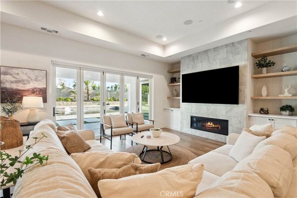 Fireplace, Interior, Living room, Recessed Lighting, Wood Texture Flooring